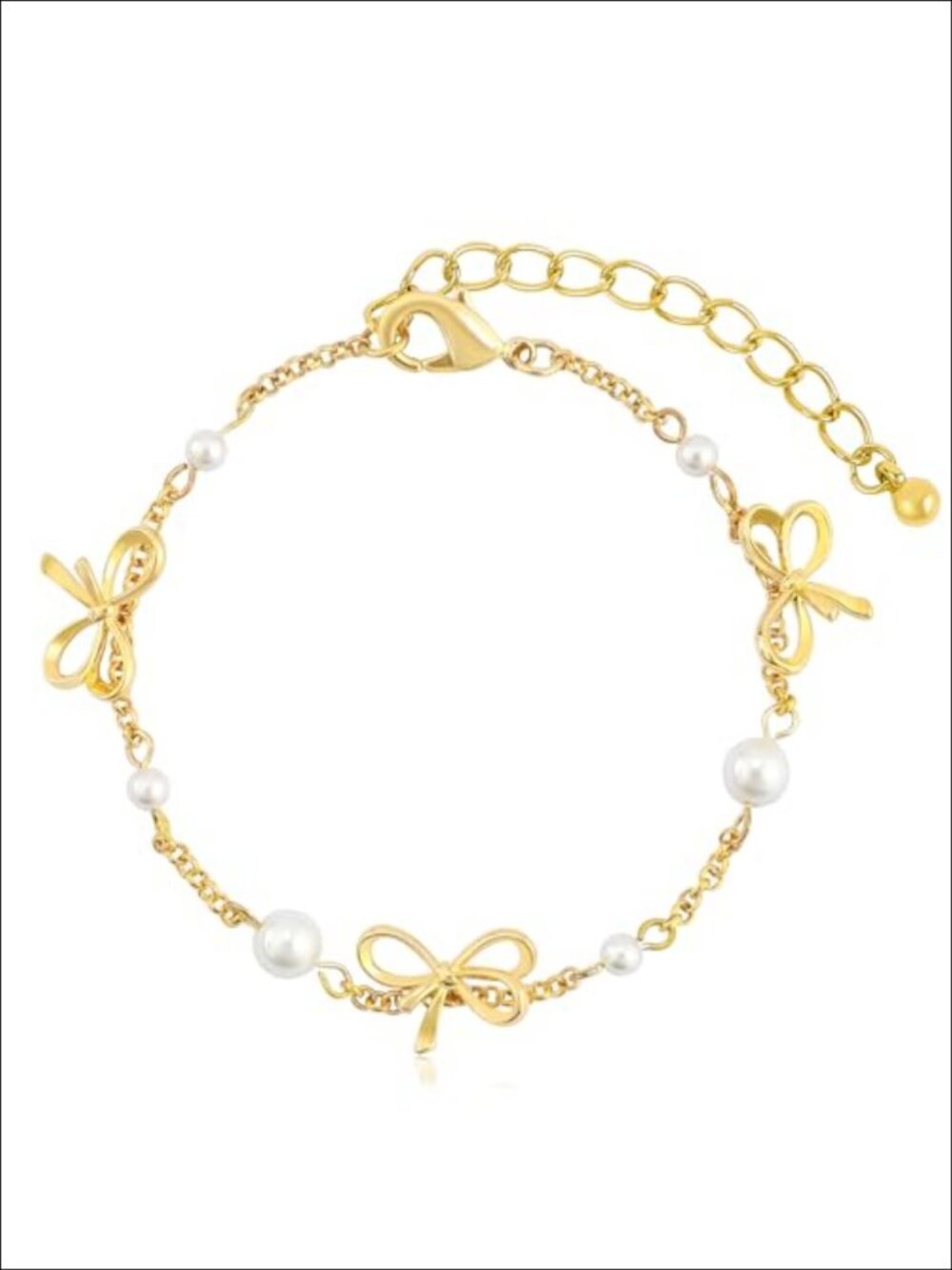 Gold Plated Link Bracelet with Bowknot Faux Pearl Charm